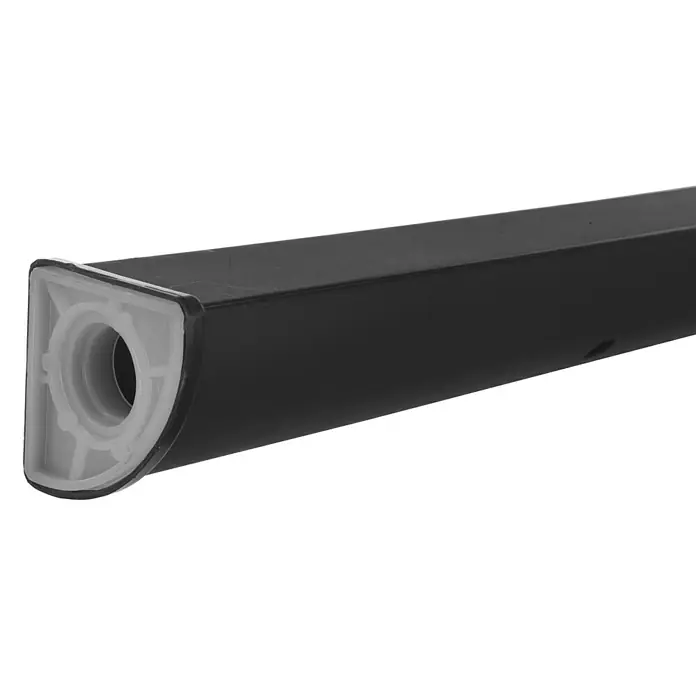 Mesa de jardín Dream - L x An x Al: 140 x 85 x 73 cm, Polipropileno, Antracita - Primer plano de una pata de mueble negra y alargada con una tapa de plástico blanca que muestra un orificio para su fijación.