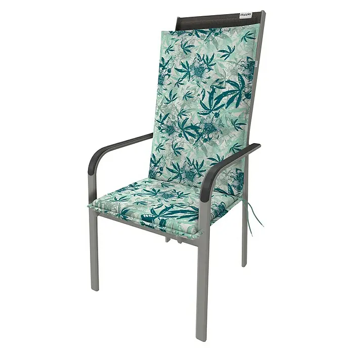 Doppler Sitzauflage Living - Hochlehner, L x B x H: 119 x 48 x 6 cm, Baumwoll-Polyester-Mischgewebe, Türkis - Gartenstuhl mit mintgrünem Blätter- und Blütenmuster auf den Polstern. Ideal für entspannte Stunden im Freien.