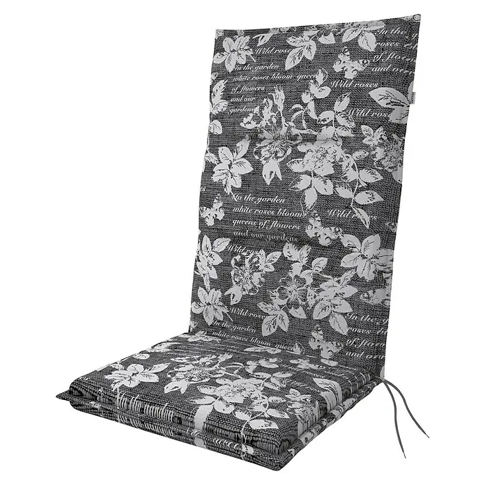 Doppler Sitzauflage Spot - Hochlehner, L x B x H: 118 x 48 x 5 cm, Baumwoll-Polyester-Mischgewebe, Grau/Weiß - Ein grauer Stuhlkissenbezug mit einem stilvollen weißen Blumenmuster und aufgedruckten Schriftzügen, ideal für Gartenmöbel.