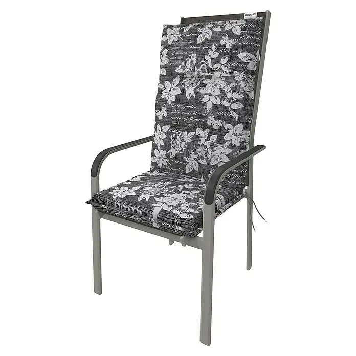 Doppler Sitzauflage Spot - Hochlehner, L x B x H: 118 x 48 x 5 cm, Baumwoll-Polyester-Mischgewebe, Grau/Weiß - Grauer Gartenstuhl mit Blumenmuster. Bequemer Sitzplatz für den Garten oder die Terrasse, ideal zum Entspannen im Freien.
