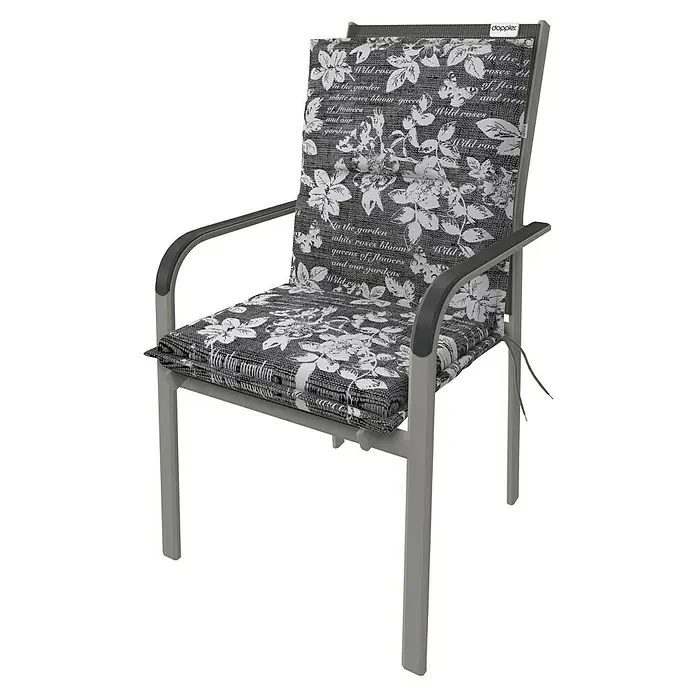 Doppler Sitzauflage Spot - Niederlehner, L x B x H: 100 x 48 x 5 cm, Kunststoff, Baumwolle, Grau/Weiß - Ein stilvoller, grauer Gartenstuhl mit Armlehnen und einem floral gemusterten Kissen für Komfort und Eleganz im Außenbereich.
