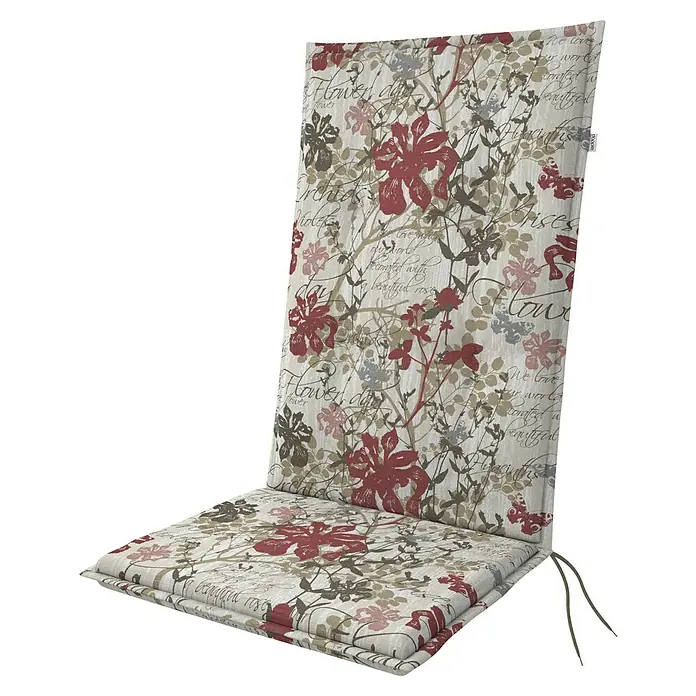 Doppler Sitzauflage Living - Hochlehner, L x B x H: 119 x 48 x 6 cm, Baumwoll-Polyester-Mischgewebe, Beige/Rot - Ein blumengemustertes Stuhlkissen mit Bindebändern, das Komfort und Stil für Ihre Gartenmöbel bietet.