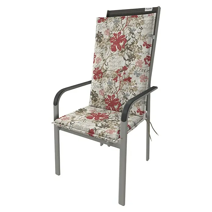 Doppler Sitzauflage Living - Hochlehner, L x B x H: 119 x 48 x 6 cm, Baumwoll-Polyester-Mischgewebe, Beige/Rot - Gartenstuhl mit grauem Gestell und floral gemusterten Kissen für Sitz und Rückenlehne.