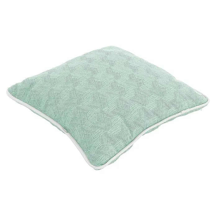 Doppler Kissen Art - Türkis, 45 x 45 cm - Dekokissen mit geometrischem Muster in Mintgrün und Weiß. Das Kissen hat eine weiße Paspelierung und ist auf einem schwarzen Hintergrund abgebildet.