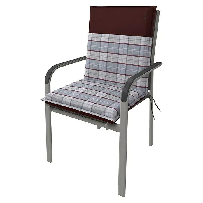 Doppler Sitzauflage Casa - Niederlehner, L x B x H: 100 x 48 x 6 cm, Polyester, Rot/Grau - Gepolsterter Gartenstuhl mit Armlehnen und grau-kariertem Bezug für entspannte Stunden im Freien. Der braune Kopfteil sorgt für Komfort.