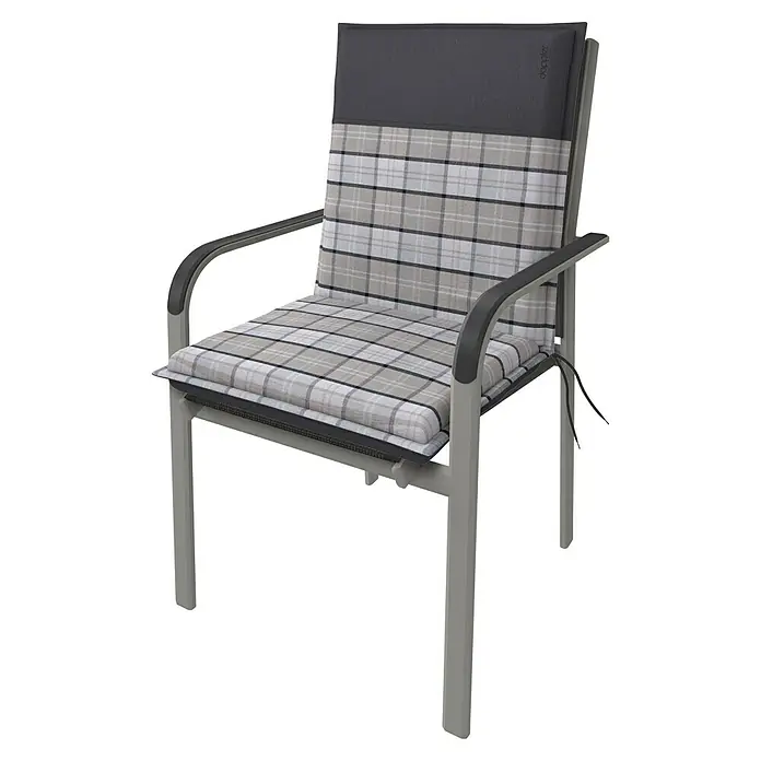Doppler Sitzauflage Casa - Niederlehner, L x B x H: 100 x 48 x 6 cm, Polyester, Grau/Weiß - Grauer Gartenstuhl mit kariertem Sitz- und Rückenkissen.