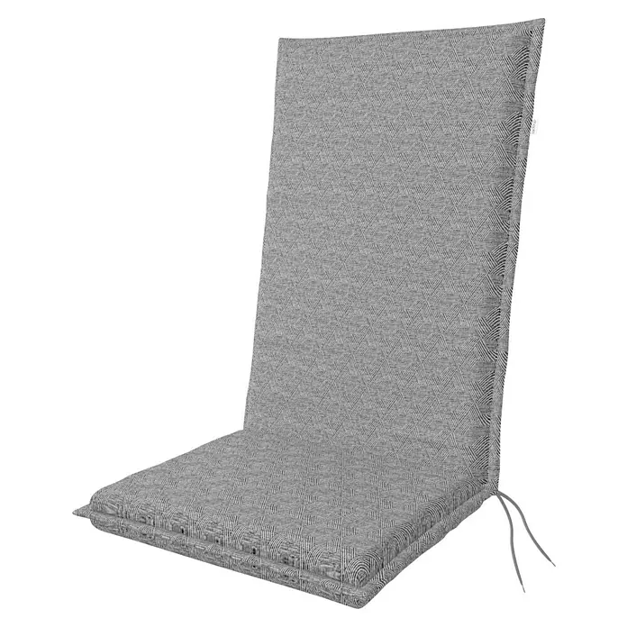 Doppler Sitzauflage Art - Hochlehner, L x B x H: 119 x 48 x 6 cm, Baumwoll-Polyester-Mischgewebe, Grau - Dieses Bild zeigt ein graues Stuhlkissen mit Muster und seitlichen Bändern, ideal für Gartenmöbel. Bequeme Polsterung für entspanntes Sitzen im Freien.