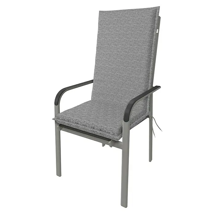 Doppler Sitzauflage Art - Hochlehner, L x B x H: 119 x 48 x 6 cm, Baumwoll-Polyester-Mischgewebe, Grau - Bild eines grauen Gartenstuhls mit hoher Rückenlehne und Armlehnen. Der Stuhl hat ein bequemes Sitzkissen und eine hohe Rückenlehne.