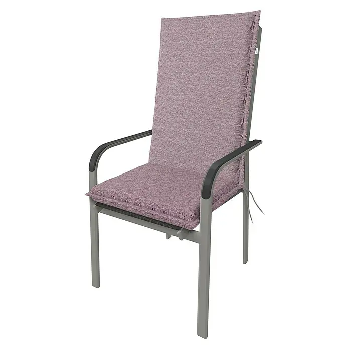 Doppler Sitzauflage Art - Hochlehner, L x B x H: 119 x 48 x 6 cm, Baumwoll-Polyester-Mischgewebe, Violett - Ein grauer Gartensessel mit einer bequemen rosa gepolsterten Sitzfläche. Perfekt für entspannte Stunden im Freien.
