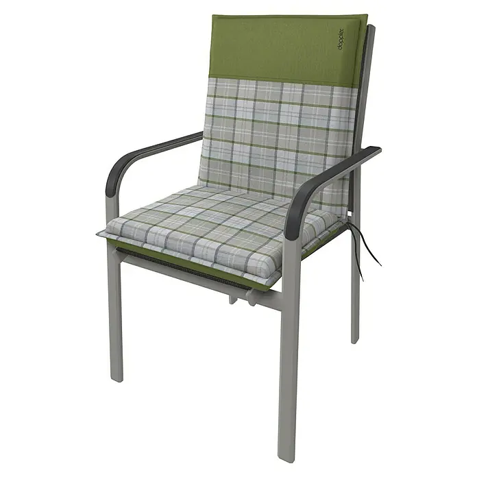 Doppler Sitzauflage Casa - Niederlehner, L x B x H: 100 x 48 x 6 cm, Polyester, Grau/Grün - Gepolsterter Gartenstuhl mit Armlehnen und grau-grün kariertem Muster für bequemes Sitzen im Freien. Stilvoll und komfortabel.