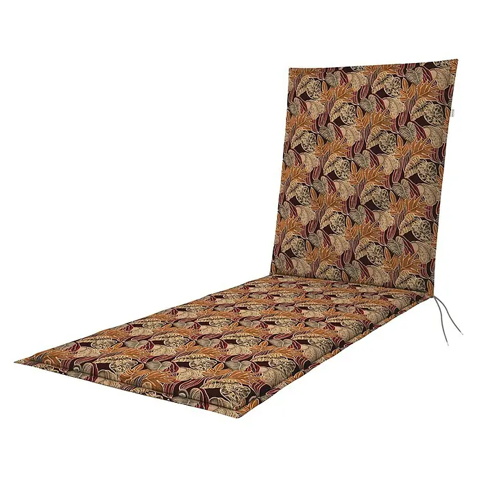 Doppler Liegenauflage Living - L x B x H: 195 x 60 x 6 cm, Baumwoll-Polyester-Mischgewebe, Orange/Beige - Ein Liegestuhlkissen mit einem Muster aus braunen Blättern und Spiralen, das für zusätzlichen Komfort und Stil sorgt.
