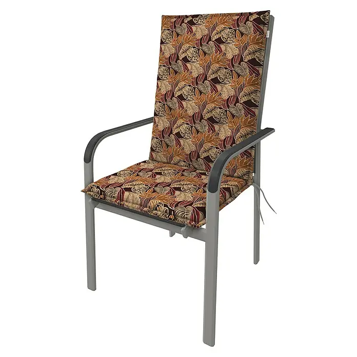 Doppler Sitzauflage Midi Living - L x B x H: 110 x 48 x 6 cm, Baumwoll-Polyester-Mischgewebe, Braun/Beige - Ein Stuhl mit Blumendesign-Kissen ist zu sehen. Der Stuhl hat ein Metallgestell und ist mit Kissen mit einem schönen Blattmuster versehen.
