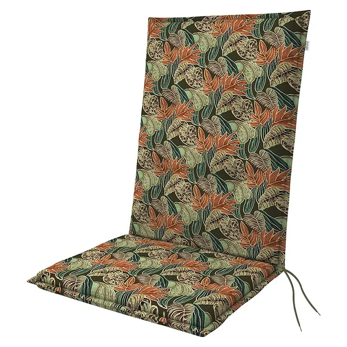 Doppler Sitzauflage Midi Living - L x B x H: 110 x 48 x 6 cm, Baumwoll-Polyester-Mischgewebe, Orange/Grün - Ein hochlehniges Gartenstuhlauflagekissen mit einem tropischen Blattmuster, perfekt für bequemes und stilvolles Sitzen im Freien.