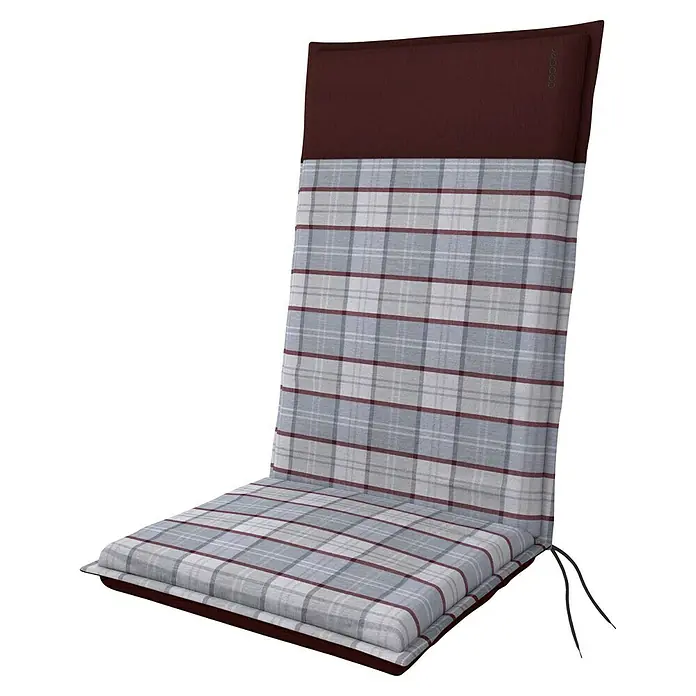 Doppler Sitzauflage Casa - Hochlehner, L x B x H: 119 x 48 x 6 cm, Polyester, Rot/Grau - Gepolsterte Gartenstuhlauflage mit Karomuster und burgunderrotem Kopfteil für bequemes Sitzen im Freien.