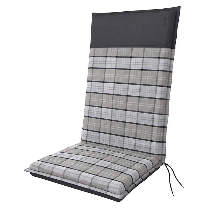 Doppler Sitzauflage Casa - Hochlehner, L x B x H: 119 x 48 x 6 cm, Polyester, Grau - Gartenstuhlauflage mit Karomuster und grauer Kopfstütze für bequemes Sitzen im Freien. Ideal für Gartenmöbel.