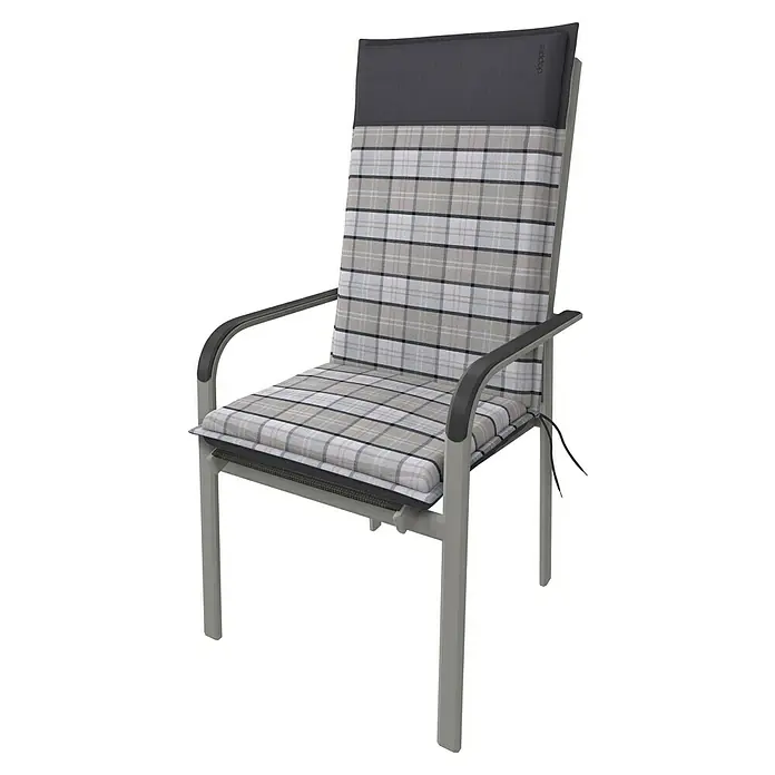 Doppler Sitzauflage Casa - Hochlehner, L x B x H: 119 x 48 x 6 cm, Polyester, Grau - Elegante Gartenstuhlauflage mit grau kariertem Muster und grauer Kopfstütze. Ideal für Komfort im Freien.