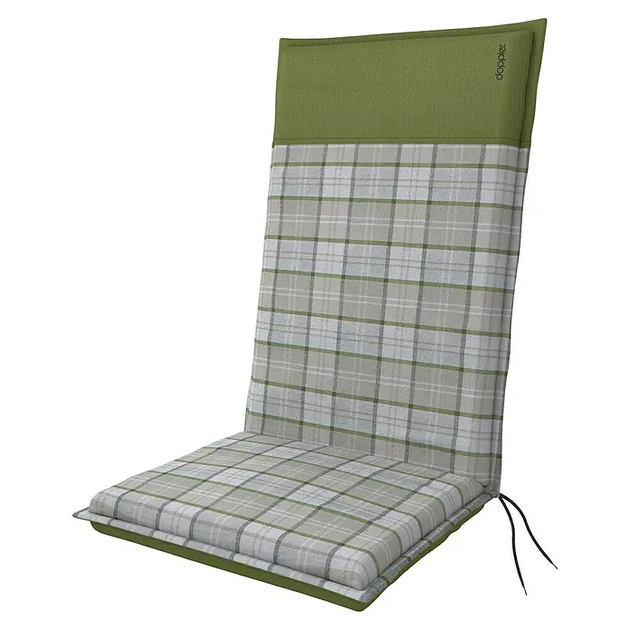 Doppler Sitzauflage Casa - Hochlehner, L x B x H: 119 x 48 x 6 cm, Polyester, Grün/Grau - Gepolsterte Gartenstuhlauflage mit grünem Bezug und kariertem Muster für bequemes Sitzen im Freien, ideal für entspannte Stunden.