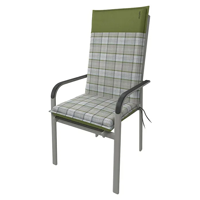 Doppler Sitzauflage Casa - Hochlehner, L x B x H: 119 x 48 x 6 cm, Polyester, Grün/Grau - Gartenstuhl mit kariertem Kissen und grüner Kopfstütze für bequemes Sitzen im Freien.