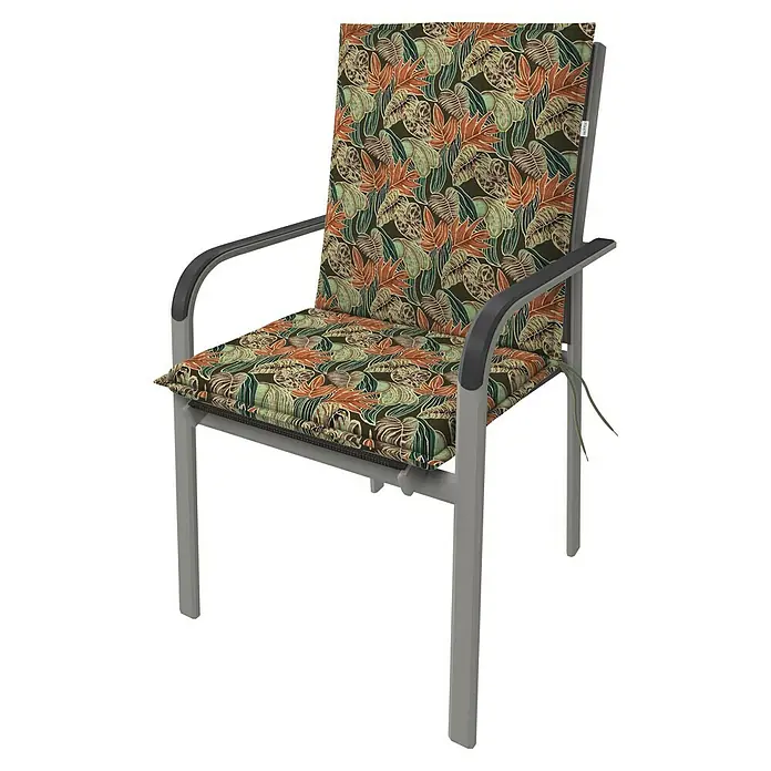 Doppler Sitzauflage Living - Niederlehner, L x B x H: 100 x 48 x 6 cm, Baumwoll-Polyester-Mischgewebe, Grün/Orange - Gartenstuhl mit floral gemusterten Kissen. Der Stuhl hat ein graues Gestell und Armlehnen mit dekorativen Bändern zum Befestigen des Kissens.