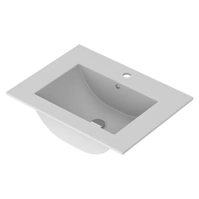 Lavabo Obi - 61,5 x 45,6 cm, Orificios para grifo: Medio, Con desbordamiento, Blanco - La imagen muestra un moderno lavabo de baño blanco con forma rectangular y un rebosadero integrado. Es un elegante accesorio de baño.