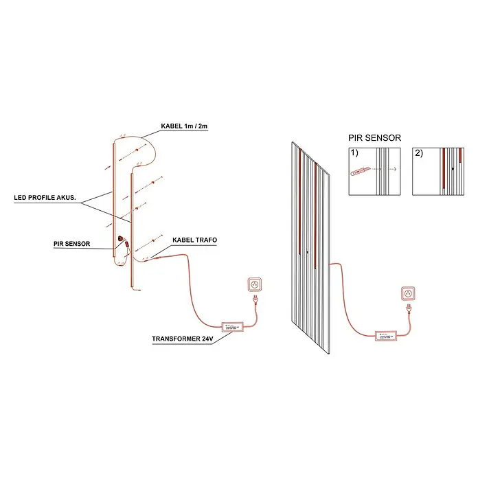 Direct Signs Lichtleiste für Akustikpaneele - Länge: 51,5 cm, Lichtfarbe: Warmweiß, 6 W, 420 lm, 24 V - Eine schematische Darstellung einer LED-Leuchte mit PIR-Sensor, inklusive Verkabelung und Trafo für 24V Betrieb.