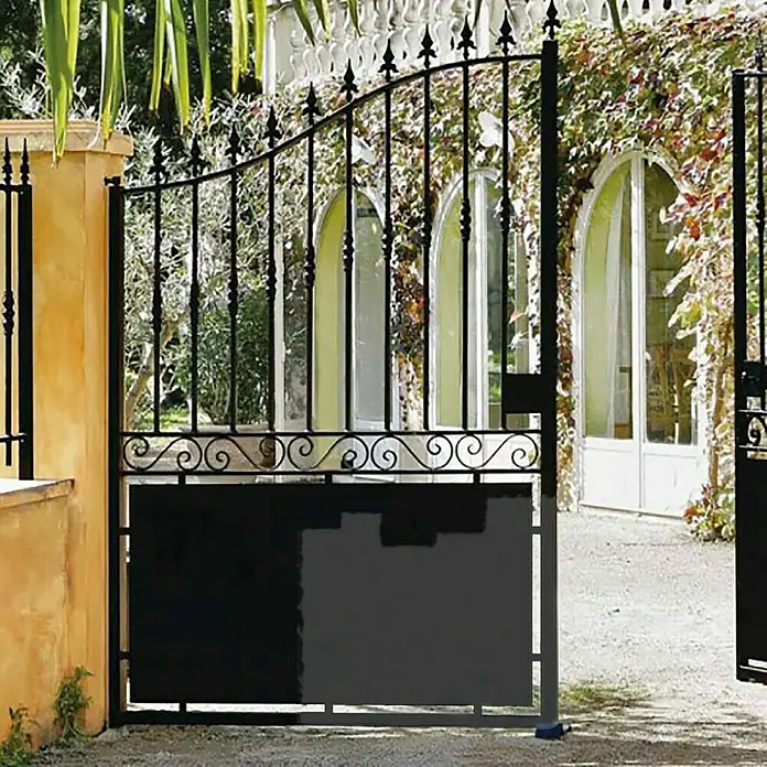 Fartools Elektro-Multischleifer REX 120C - 1.300 W, 1 Bürste - Elegantes, schwarzes Gartentor mit dekorativen Spitzen und kunstvollen Verzierungen. Das Tor bietet Sicherheit und verleiht dem Anwesen einen Hauch von Stil.
