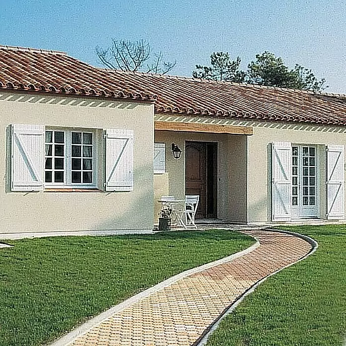 Fartools Lijadora multifunción eléctrica  REX 120C - 1.300 W, 1 Cepillo - Casa moderna con tejado de tejas de terracota, contraventanas blancas y un sendero sinuoso de ladrillos.