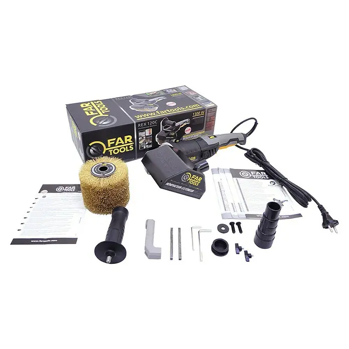 Fartools Elektro-Multischleifer REX 120C - 1.300 W, 1 Bürste - Produktaufnahme des FAR Tools REX 120C Professional Machine mit Zubehör, ideal für Renovierungsarbeiten im Außenbereich.