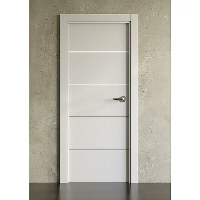 Pack puerta de interior Recife - 72,5 x 203 cm, Izquierda, Blanco - Elegante puerta interior blanca moderna con adornos horizontales y una manija simple, ideal para un hogar contemporáneo.