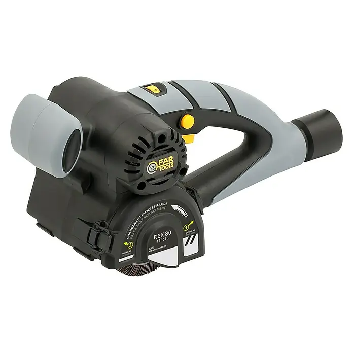 Fartools Renovierungsschleifer REX 80 Compact - 420 W - Abgebildet ist eine FAR Tools REX 80 Bürstenschleifmaschine, ideal für die Bearbeitung von Holz und Metall mit einfacher Bürstenwechselmöglichkeit.