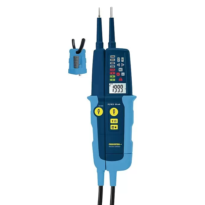 Pancontrol Spannungsprüfer Spannungs- & Durchgangsprüfer PAN MV-1000AD - 12 V - 690 V, Polanzahl: 1 Stk. - Blauer und hellblauer Spannungsprüfer mit zwei Messspitzen, Digitalanzeige und separatem Clip-Halter.