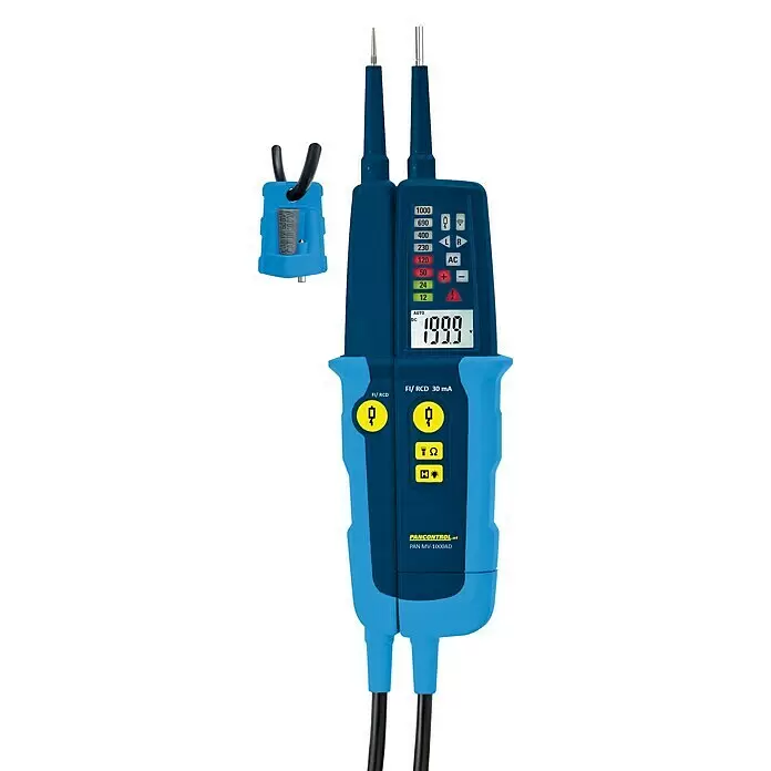 Pancontrol Spannungsprüfer Spannungs- & Durchgangsprüfer PAN MV-1000AD - 12 V - 690 V, Polanzahl: 1 Stk. - Blau-hellblauer elektrischer Spannungsprüfer mit zwei Messspitzen, Digitalanzeige und Funktionstasten, inklusive RCD-Test.