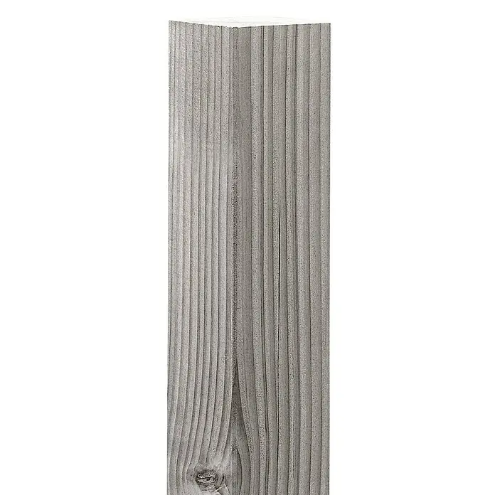 Konstruktionsholz - Kiefer, 300 x 7 x 7 cm - Detailaufnahme einer grauen Holzstütze mit ausgeprägter Maserung. Ideal für rustikale Designprojekte und zur Dekoration im Innenbereich.