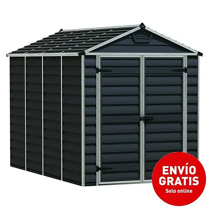 Palram – Canopia Caseta de jardín Skylight - Medidas ext. (An x Pr): 185 x 303,6 cm, Plástico, Antracita - Imagen de un cobertizo de jardín antracita con puertas dobles y marco plateado.
