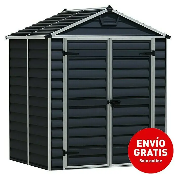 Palram – Canopia Caseta de jardín Skylight - Medidas ext. (An x Pr): 185 x 154 cm, Plástico, Antracita - Caseta de jardín espaciosa con puertas dobles y estructura de paneles horizontales, ideal para guardar herramientas y equipos de jardín.