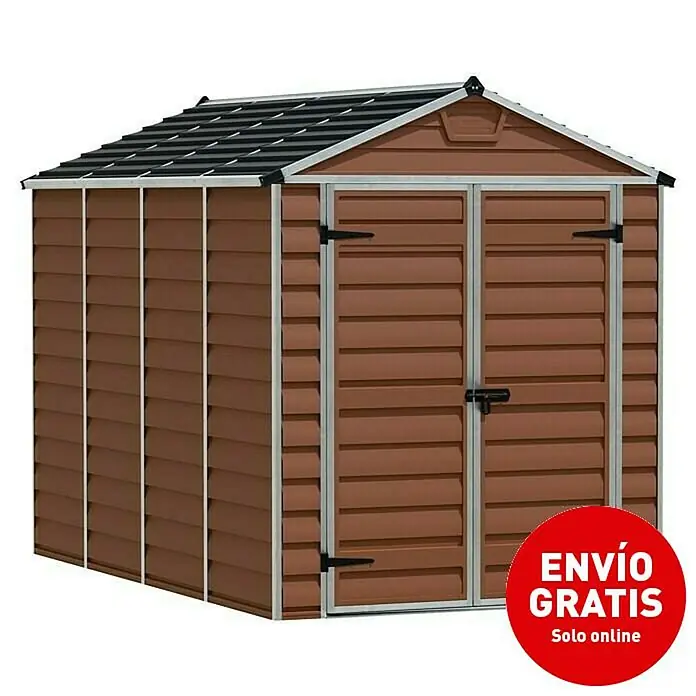 Palram – Canopia Caseta de jardín Skylight - Medidas ext. (An x Pr): 185 x 303,6 cm, Plástico, Ámbar - Espacioso cobertizo de jardín marrón con doble puerta y techo negro. Perfecto para guardar herramientas y muebles de jardinería.