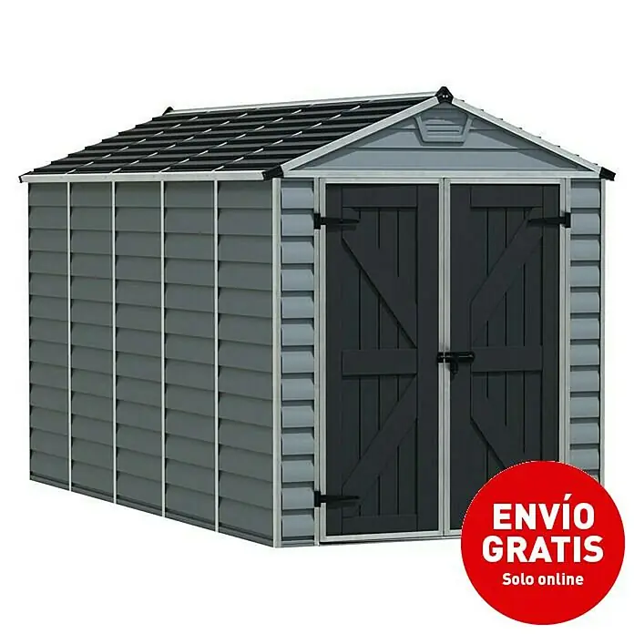 Palram – Canopia Caseta de jardín Skylight - Medidas ext. (An x Pr): 185 x 378 cm, Plástico, Antracita/gris - Imagen de una caseta de jardín gris con doble puerta y techo negro, perfecta para soluciones de almacenamiento exterior.