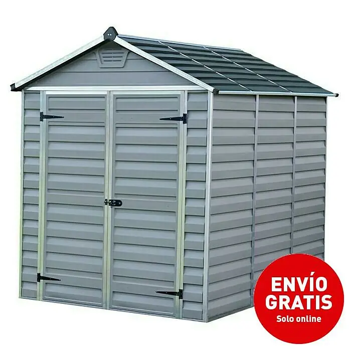 Palram – Canopia Caseta de jardín Skylight - Medidas ext. (An x Pr): 185 x 229 cm, Plástico, Gris - Imagen de un cobertizo de jardín gris con doble puerta y un techo inclinado. Está hecho de material resistente a la intemperie.