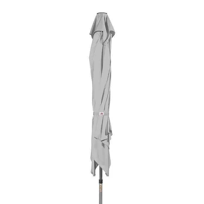 Doppler Alu Expert Marktschirm Teleskop - Hellgrau, Bespannungsmaß (L x B): 350 x 350 cm - Ein grauer, geschlossener Sonnenschirm steht auf einem schwarzen Hintergrund, perfekt für den Gebrauch im Freien, wenn er geöffnet wird.
