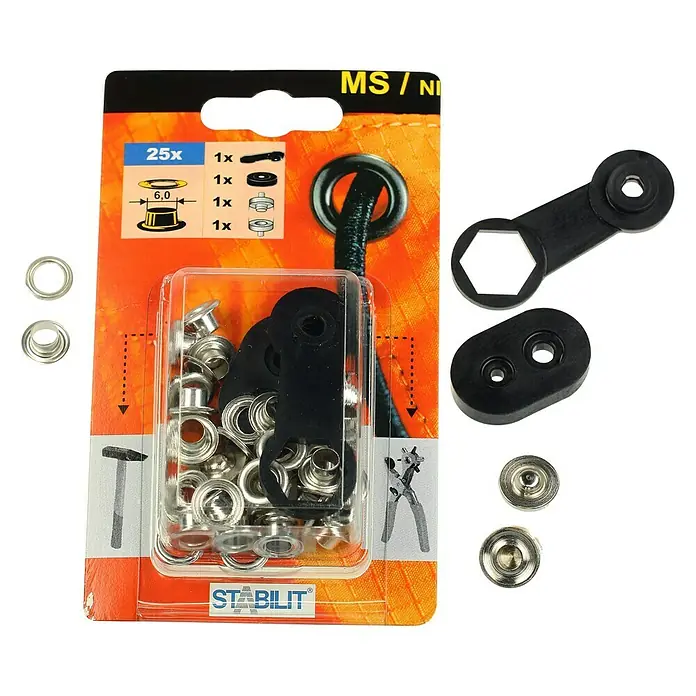 Stabilit Öse - Durchmesser: 6 mm, Vernickelt, 25 Stk. - Ein Set aus Ösen mit Werkzeug zur Befestigung. Ideal für Heimwerkerprojekte und Reparaturen.