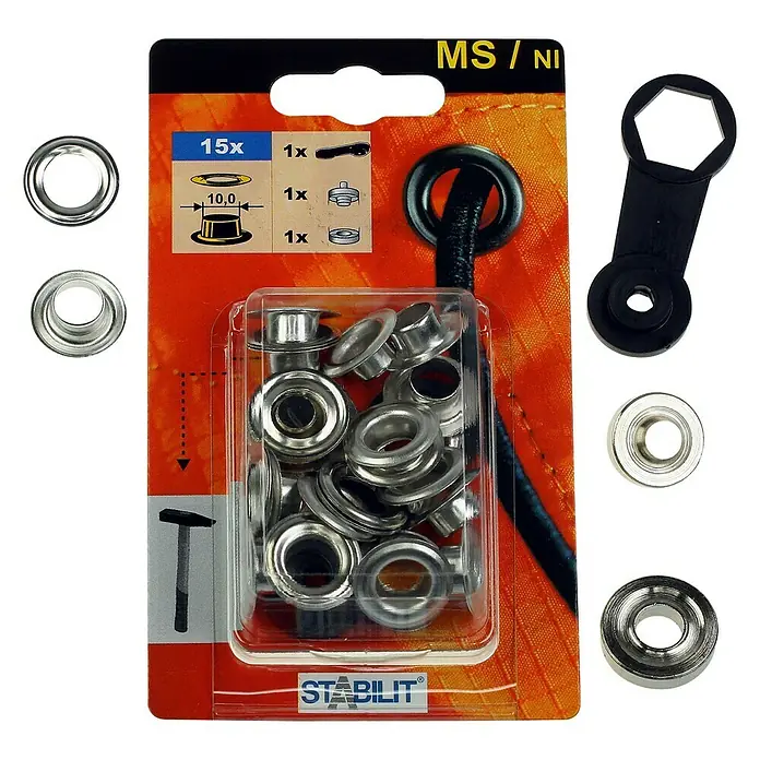 Stabilit Öse - Durchmesser: 10 mm, Vernickelt, 15 Stk. - Bild von einem Set mit 15 Ösen, Werkzeug und Verpackung der Marke Stabilit, ideal für Stoffe und Planen.