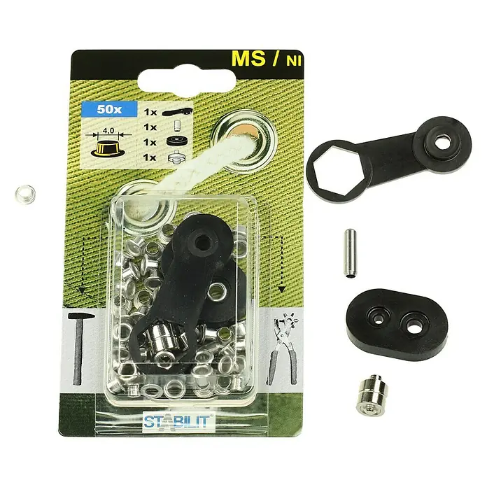 Stabilit Öse - Durchmesser: 4 mm, Vernickelt, 50 Stk. - Abbildung eines 50-teiligen Ösen-Sets von Stabilit, inklusive Werkzeug. Zum professionellen Anbringen von Ösen.