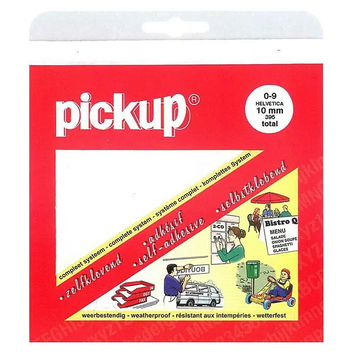 Pickup Aufkleber - Ziffern, Weiß, Höhe: 10 mm - Aufkleberbogen "pickup" mit selbstklebenden Helvetica-Zahlen von 0-9, 10 mm hoch und insgesamt 396 Stück. Komplettes System für Beschriftungen.