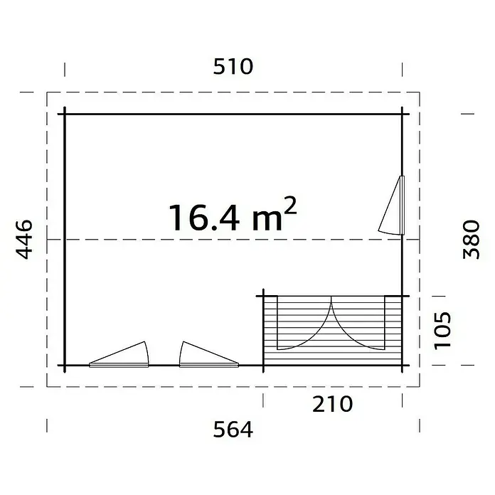 Palmako Gartenhaus Susanna - Außenmaß inkl. Dachüberstand (B x T): 564 x 446 cm, Holz, Natur - Grundrisszeichnung eines Gebäudes mit den Maßen 564 x 510 mm und einer Fläche von 16,4 m².