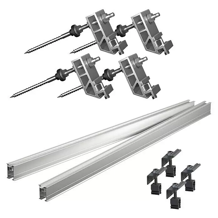 Green Solar Universalhalterung - Silber, Passend für: 1 Solarmodul - Solarmontageset mit silbernen Dachhaken, Aluminiumschienen und dunkelgrauen Modulklemmen.