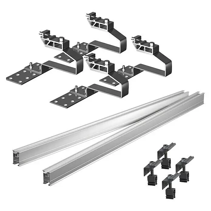 Green Solar Befestigungs-Set - Passend für: 4 Solarmodule, Geeignet für: Schrägdach - Silberne Aluminiumschienen, dunkelgraue Dachhaken und silberne Klemmen für Solarmontagesysteme.