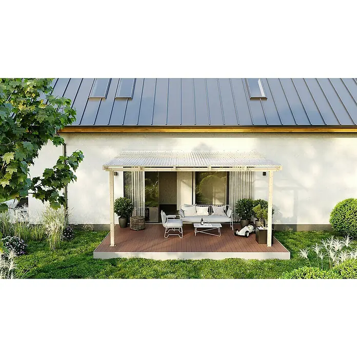 Wellplatte - 2.500 x 900 x 2,2 mm, Kunststoff, Transparent - Einladende Terrasse mit Überdachung, stilvollen Gartenmöbeln und üppiger Bepflanzung für entspannte Stunden im Freien.