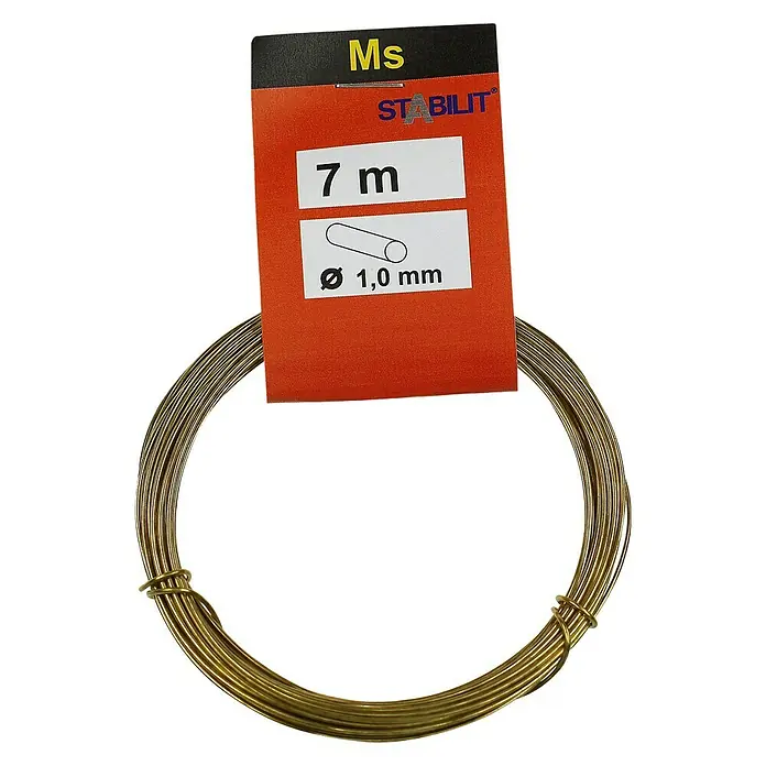 Stabilit Draht - Ø x L: 1 mm x 700 cm, Messing - Messingdraht, 7 m lang, 1,0 mm Durchmesser, mit roter Banderole der Marke Stabilit. Für Bastelarbeiten oder Reparaturen.