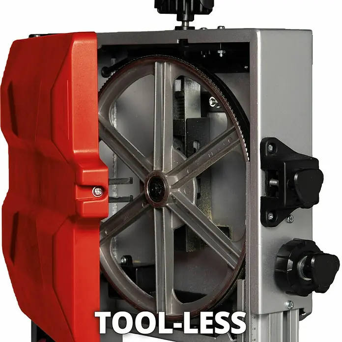 Einhell Sierra de cinta TC-SB 245 L - 400 W, Número de revoluciones de marcha en vacío: 1.450 r.p.m., Longitud de cinta de sierra: 1.712 mm - Primer plano de una sierra de cinta con ajuste sin herramientas.