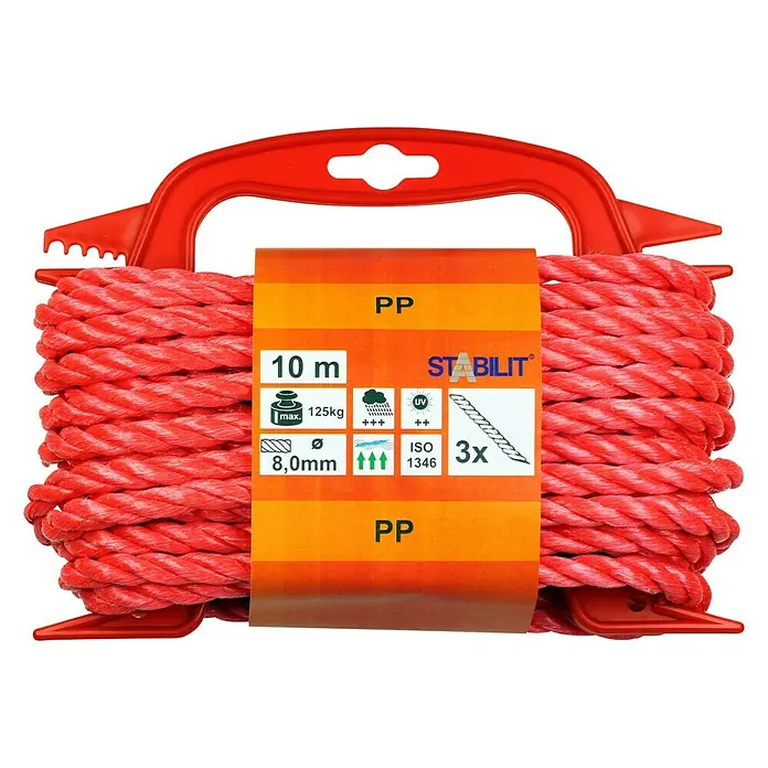 Stabilit PP-Seil - Ø x L: 8 mm x 10 m, Polypropylen, Rot, 3-schäftig gedreht - Eine rote PP-Kunststoffschnur von Stabilit, 10 Meter lang und mit einer Stärke von 8 mm, verpackt mit einer roten Tragevorrichtung.